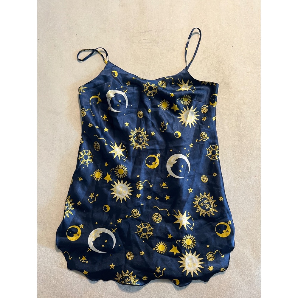 Vintage Celestial Sun Moon Star Print Satin Slip Dress Blue Scalloped Hem XS